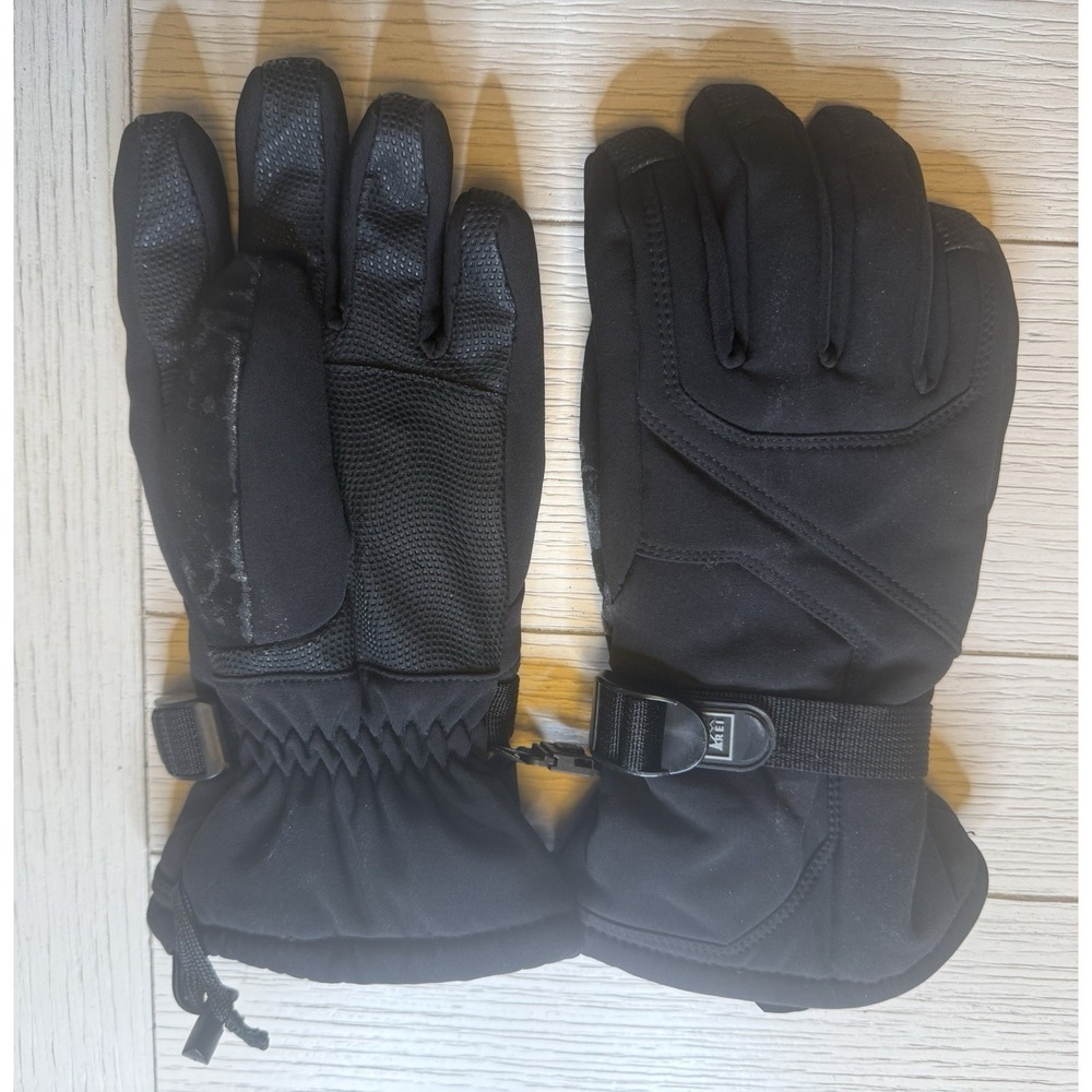 REI‎ Black Kids Gloves W/ Adjustable Wrist Strap. Sz M 10-12. Unisex. Polyester.